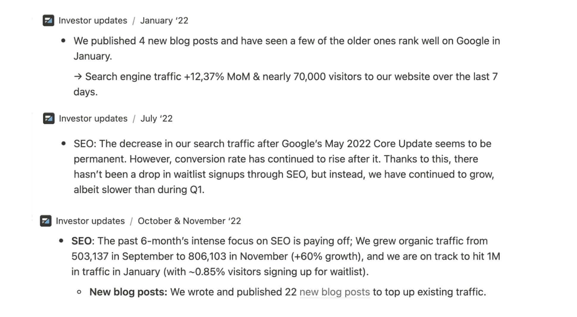 SEO mentions in Flowrite investor updates
