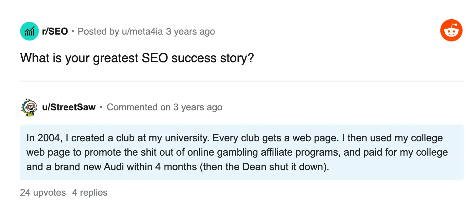Greatest SEO success story on Reddit